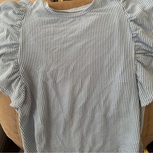 Blue and White Striped Puff Sleeve Top